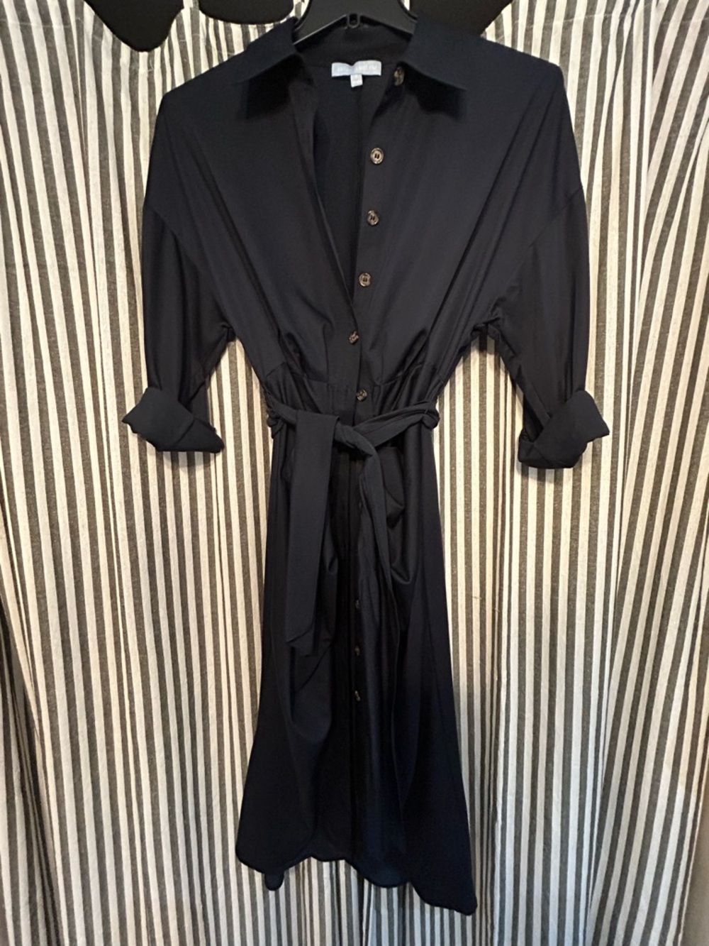 ANTONIO MELANI Navy Button-Front Midi Shirt Dress with Tie Waist